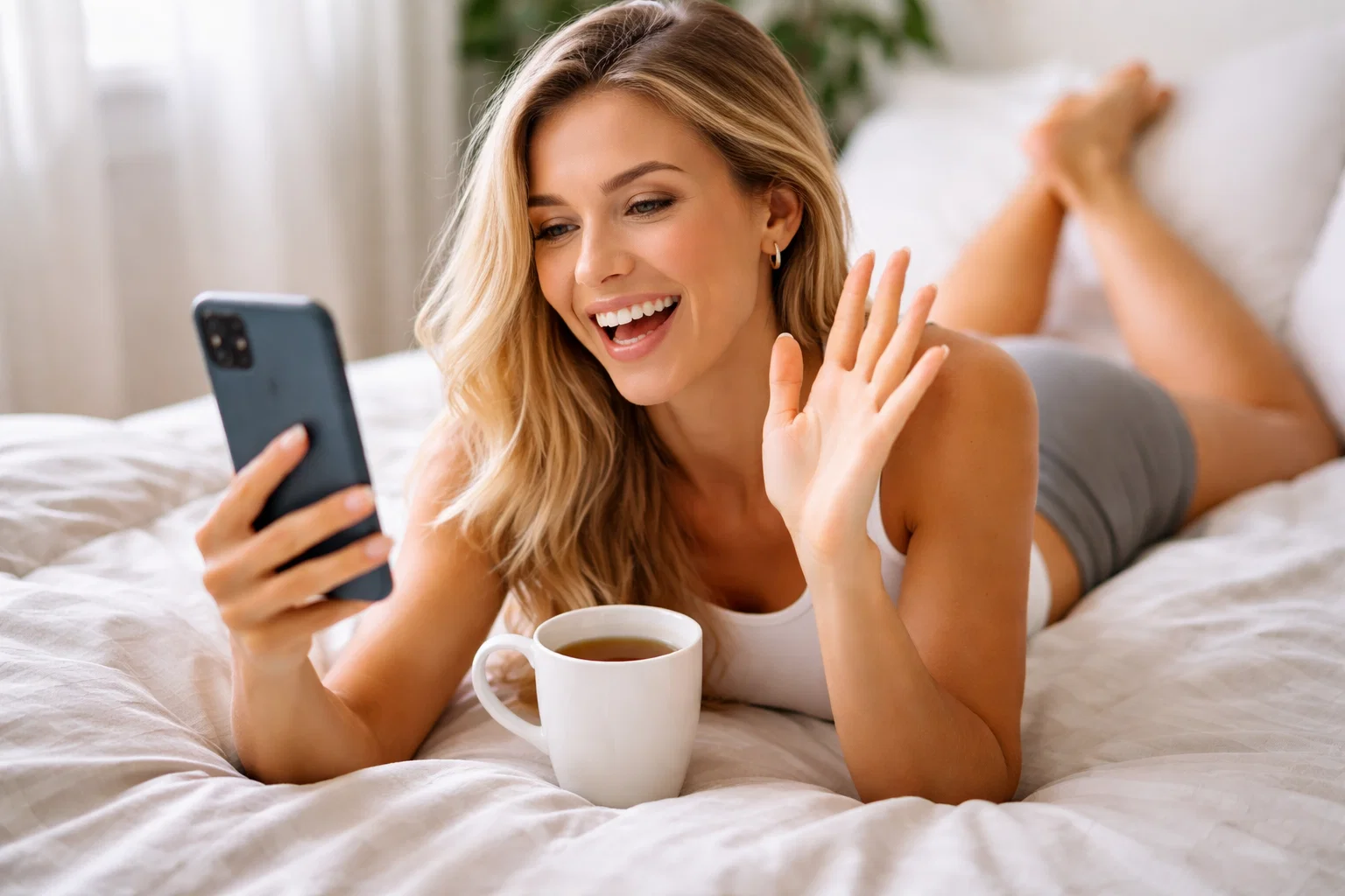 Woman happily using her free government iPhone